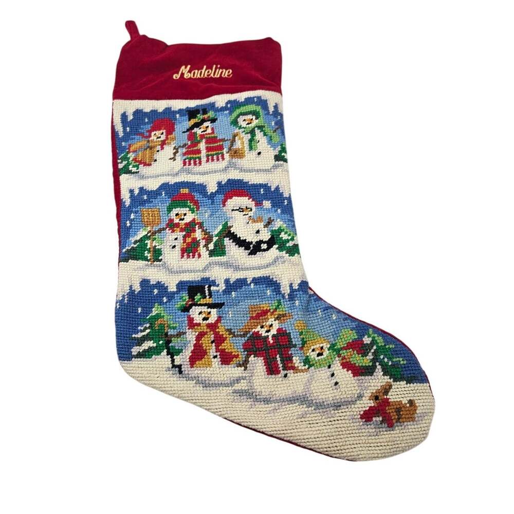Vintage 90s Lillian Vernon Madeline Snowman Needlepoint Christmas Stocking Wool